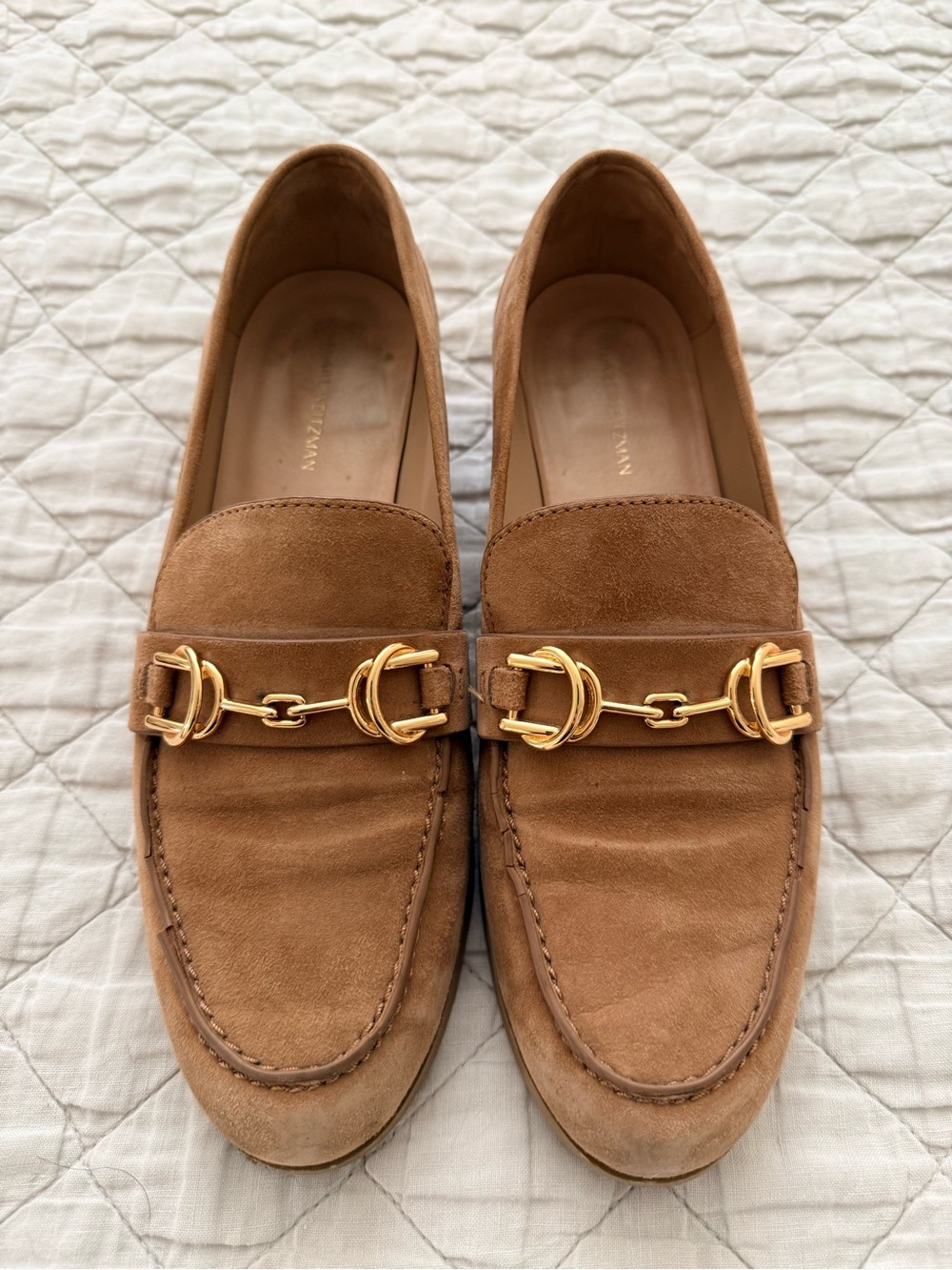 Stuart Weitzman Tan Suede Loafers with Gold Bit